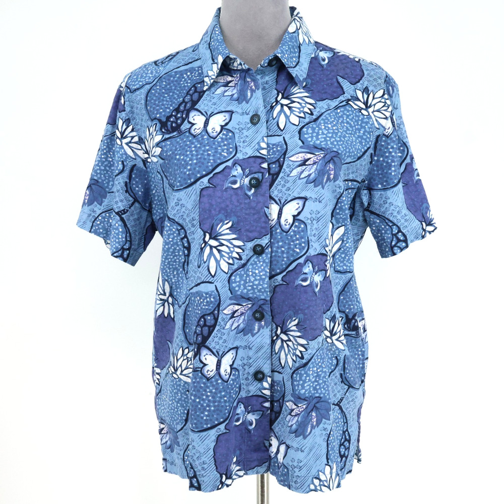 Coldwater Creek Top Womens Medium Linen Blend Blue Floral Hawaiian Blouse Tunic